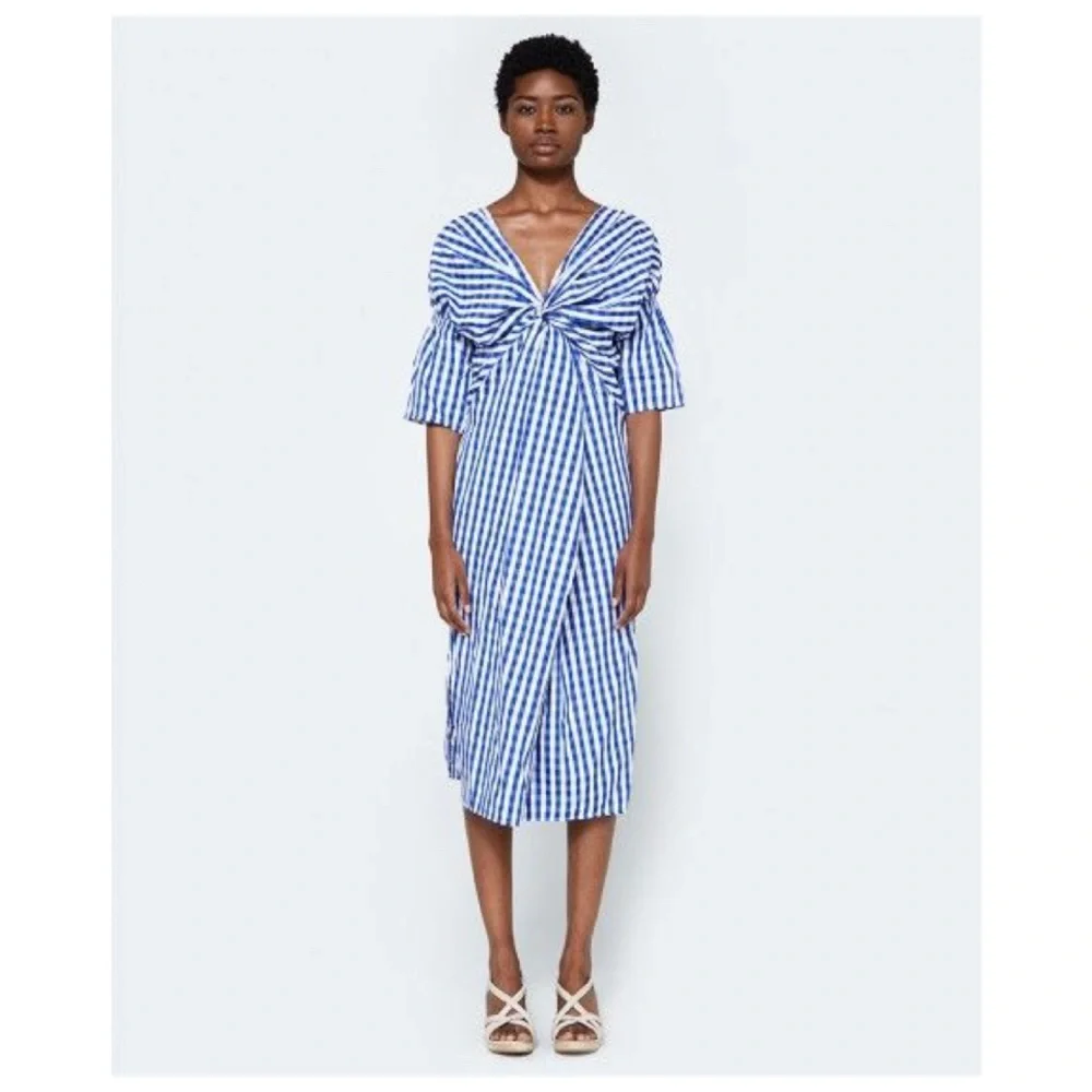 FARROW Daytona Blue Gingham Twist MIDI Dress Coastal Grandma M - Picture 1 of 8